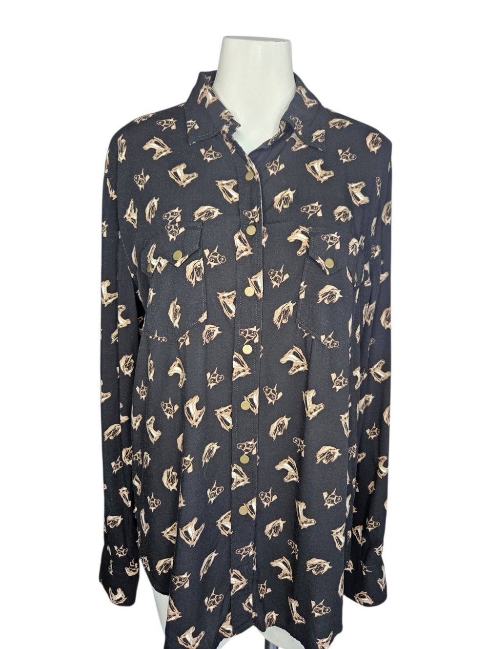 Cruel‎ Denim Women's Chocolate Brown Equestrian Print Snap Shirt Western Sz Med